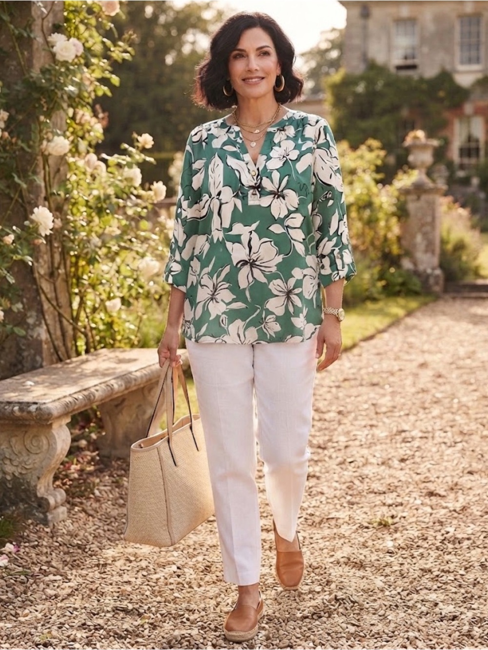 Green Floral Split V-Neck Tunic Top